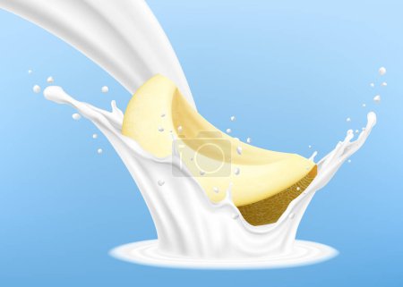 Illustration for Yogurt milk splash with ripe yellow honeydew melon cut piece fruit, isolated on white background, dairy drink with spray and drops. Realistic 3d vector illustration. - Royalty Free Image