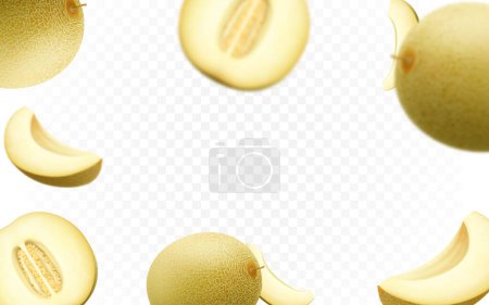Téléchargez les illustrations : Falling melons fruit isolated on transparent background. Blurred and realistic melon slices. Vector seamless pattern for advertising. Realistic half, slice and whole of juice berriyes. - en licence libre de droit
