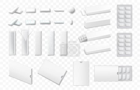 Set of realistic chewing gum of various shape in white color on transparent background isolated 3d vector illustration