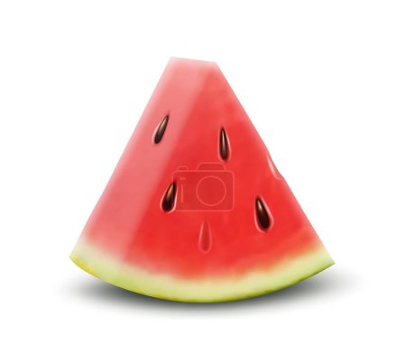 Téléchargez les illustrations : Slice of watermelon. Vector 3d realistic ripe fresh fruit watermelon piece isolated on white background. Illustration of juicy red watermelon slice with pits - en licence libre de droit