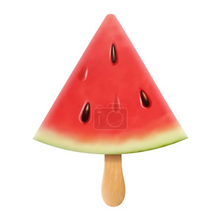 Watermelon popsicle illustration, fruit ice cream on a wooden stick, realistic 3d vector isolated on white background