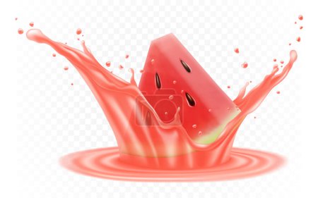 Illustration for Watermelon in a splash of juice. slice of watermelon in a splash of juice with drops. 3d realistic transparent isolated vector. - Royalty Free Image