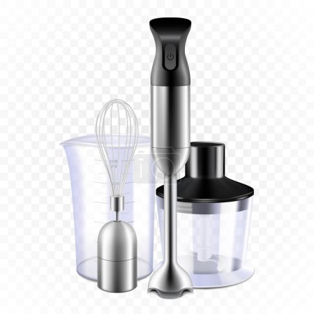 Illustration for Realistic Blender, Set of Food Processor And Whisk Tools. Immersion Blender Measuring Cup And Container With Cut Sharp Blade. Electronic Appliance For Cooking. Isolated 3d Vector illustration - Royalty Free Image