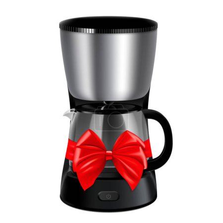 Ilustración de Drip coffee maker with red ribbon and bow. 3D rendering. Gift concept. Realistic vector illustration isolated on white background - Imagen libre de derechos