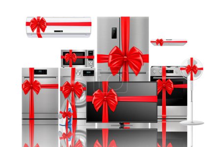 Illustration for Household and kitchen appliances with red ribbon and bow: microwave oven, refrigerator, vacuum cleaner, blender, toaster. Gift concept. Realistic 3D vector, isolated. Electric device. - Royalty Free Image