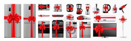 Téléchargez les illustrations : A set of household and kitchen appliances with red ribbon and bow: microwave oven, refrigerator, vacuum cleaner, blender, toaster. Gift concept. Realistic 3D vector, isolated. Electric device. - en licence libre de droit