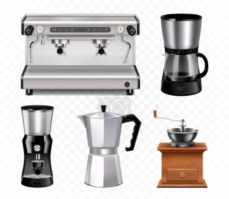 Téléchargez les illustrations : Different types of coffee makers and coffee machines. Coffee maker, professional coffee machine, Manual Coffee Grinder, Turkish coffee pot. Realistic 3d vector illustration - en licence libre de droit