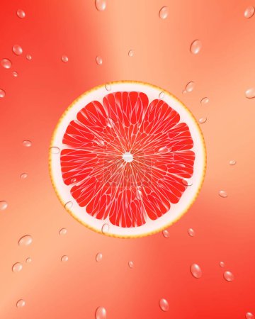 Ilustración de Grapefruit slice. Background of fresh grapefruit round slices and drops of water. Seamless pattern. Realistic 3d vector illustration. - Imagen libre de derechos