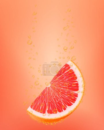 Illustration for Falling slice grapefruit fruit into water. 3d realistic vector illustration. Packaging design elements. Juicy advertising cut citrus. Cocktail, juice. - Royalty Free Image
