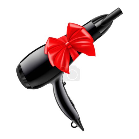 Illustration for Hair dryer with red ribbon and bow. 3D rendering. Gift concept. Realistic vector illustration isolated on white background - Royalty Free Image