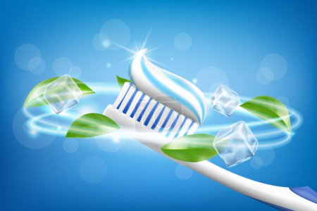 Ilustración de Toothpaste ads, refreshing mint. Toothpaste on toothbrush, mint leaves and ice cube. Drawn elements, realistic 3d vector illustration, cosmetics product, blur, blue background,sparkling effect - Imagen libre de derechos