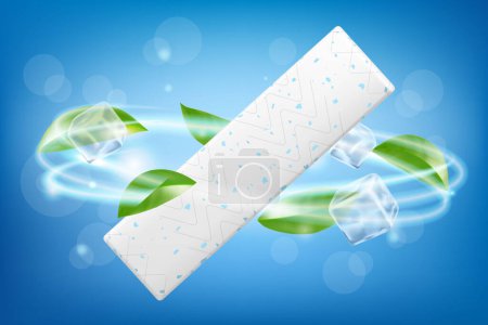Illustration for Chewing gum, with ice cubes and mint leaves. Green leaves spearmint for fresh breathing. Refreshing sweet candy, isolated on white background. Realistic 3d vector - Royalty Free Image