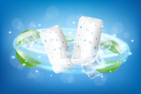 Ilustración de Pads of bubble gum with ice cubes and mint leaves. Green leaves spearmint for fresh breathing. Chewing gums for healthy teeth and dental hygiene. Refreshing sweet candy, isolated on white background. - Imagen libre de derechos