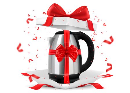 Ilustración de Realistic electric kettle with red ribbon and bow inside open gift box. Gift concept. Kitchen appliances. Isolated 3d vector illustration - Imagen libre de derechos