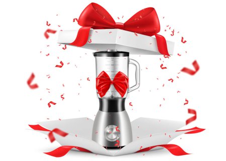 Téléchargez les illustrations : Blender with red ribbon and bow inside open gift box. Gift concept. Kitchen appliances. Isolated 3d vector illustration - en licence libre de droit