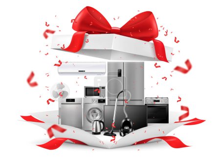 Illustration for Gift concept, home appliances inside gift box. Refrigerator, microwave, food processor, TV, washing machine, gas stove, isolated on white background. 3D rendering. Realistic vector illustration - Royalty Free Image