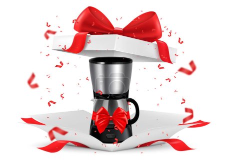 Téléchargez les illustrations : Drip coffee maker with red ribbon and bow inside open gift box. Gift concept. Kitchen appliances. Isolated 3d vector illustration. 3D rendering. - en licence libre de droit