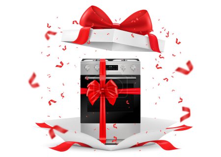 Ilustración de Gas stove with red ribbon and bow inside open gift box. 3D rendering. Gift concept. Realistic vector illustration isolated on white background - Imagen libre de derechos