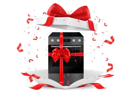 Ilustración de Gas stove with red ribbon and bow inside open gift box. 3D rendering. Gift concept. Realistic vector illustration isolated on white background - Imagen libre de derechos
