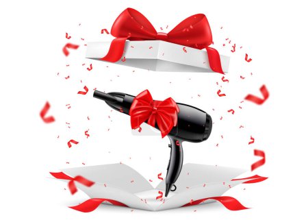 Illustration for Hair dryer with red ribbon and bow inside open gift box. 3D rendering. Gift concept. Realistic vector illustration isolated on white background - Royalty Free Image