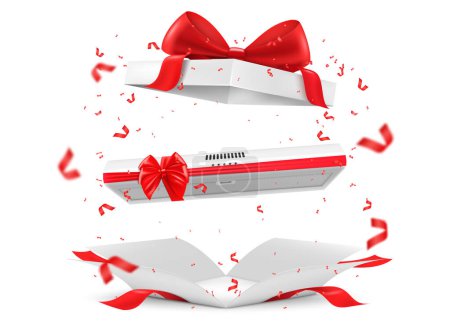 Téléchargez les illustrations : Kitchen hood with red ribbon and bow inside open gift box. Gift concept. Kitchen appliances. Isolated 3d vector illustration. 3D rendering. - en licence libre de droit