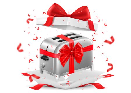 Illustration for Toaster with red ribbon and bow inside open gift box. Gift concept. Kitchen appliances. Isolated 3d vector illustration. 3D rendering. - Royalty Free Image