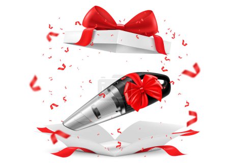 Ilustración de Manual car vacuum cleaner with red ribbon and bow inside open gift box. 3D rendering. Gift concept. Realistic vector illustration isolated on white background - Imagen libre de derechos