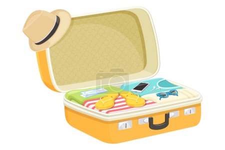 Téléchargez les illustrations : Opened travel suitcase full of things for summer vacation. Flat design. Vector illustration isolated on white background - en licence libre de droit