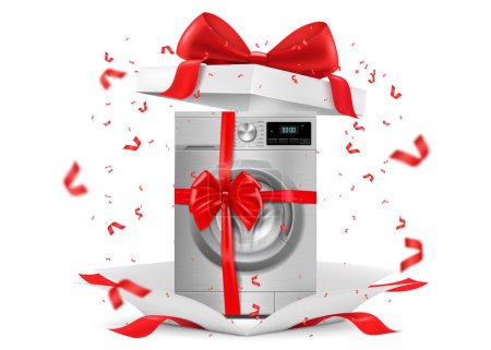 Téléchargez les illustrations : Washing machine with red ribbon and bow inside open gift box. Gift concept. Kitchen appliances. Isolated 3d vector illustration. 3D rendering. - en licence libre de droit