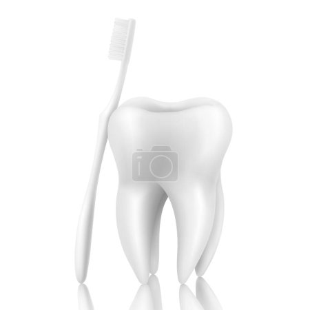 Brosse à dents réaliste vectorielle 3d et gros plan de dent isolés sur fond blanc. Illustration du dentiste médical. Modèle de conception, Clipart, Maquette. Concept de santé dentaire