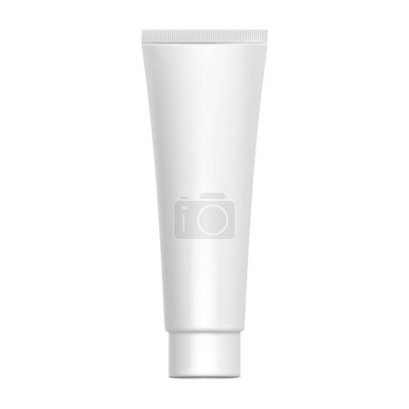 Illustration for White glossy plastic tube for medicine or cosmetics - cream, gel, skin care, toothpaste. 3d Realistic packaging mockup template. Side view. Vector illustration. - Royalty Free Image