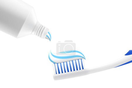Illustration for Toothpaste with brush, blank mock up tube. Dental care, whitening, brushing and orthodontic healthcare. Realistic 3d vector illustration - Royalty Free Image
