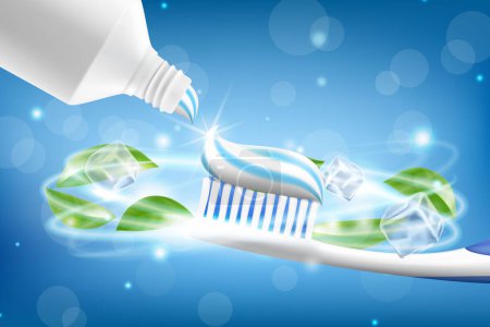Zahnpastawerbung mit fliegenden Minzblättern und funkelnden Effekten rund um die Zahnbürste auf blauem Hintergrund, Realistische 3D-Vektorillustration