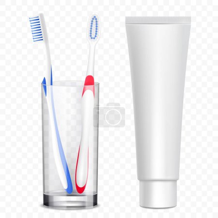 Ilustración de Toothbrushes in glass or plastic cup near toothpaste tube mockup. Oral hygiene products, toiletries for dental, stomatological ads. Vector 3d realistic templates on white - Imagen libre de derechos