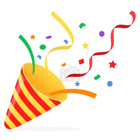 Illustration for Exploding party popper with confetti, bright cartoon birthday cracker. Isolated vector illustration of celebration symbol emoji. Flat design - Royalty Free Image