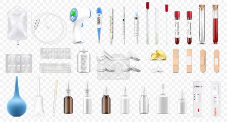Illustration for Medical equipment and first aid kit. Realistic 3d medical emergency icon set with pills, enema, injection syringe, nasal spray, test tubes, dropper, thermomete, isolated detailed objects. - Royalty Free Image