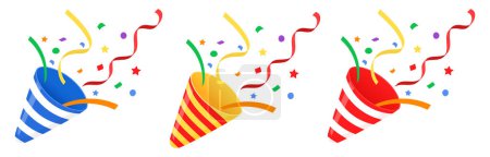 Illustration for Exploding party popper with confetti, bright cartoon birthday cracker. Isolated vector illustration of celebration symbol emoji. Flat design - Royalty Free Image