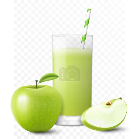 Illustration for Apple juice or smoothie in glass with straw, apple fresh isolated on transparent background. Green apple, whole and slice, Realistic 3d vector illustration for advertising - Royalty Free Image