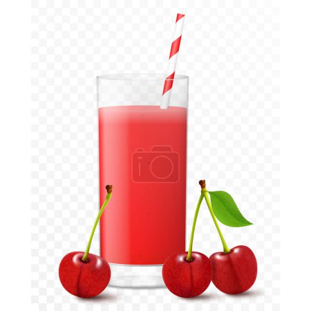 Téléchargez les illustrations : Glass of fresh cherry juice with berries and striped straw for cocktails, isolated on transparent background. Smoothies of red cherry. Realistic 3d vector illustration for advertising - en licence libre de droit