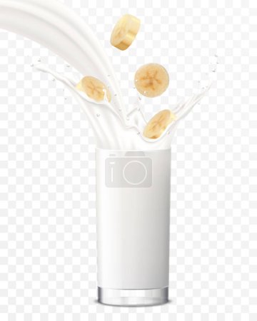 Banana slices falling in a glass of milk or yogurt. Sweet milk splashes. Fruit milkshake advertising banner, yogurt jet, white drink in glass cup, Realistic 3d vector illustration, isolated
