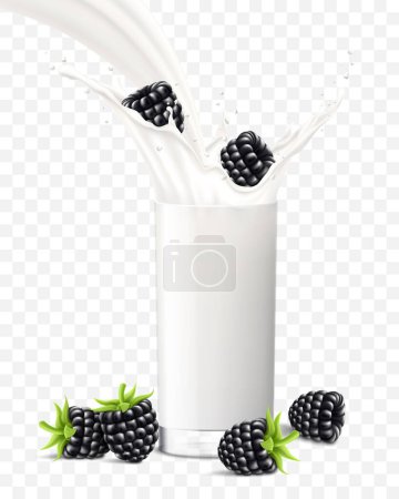 Illustration for Blackberry falling in a glass of milk or yogurt. Fruit milkshake advertising banner, yogurt jet, flying drops, white drink in glass cup, Realistic 3d vector, isolated on transparent background - Royalty Free Image