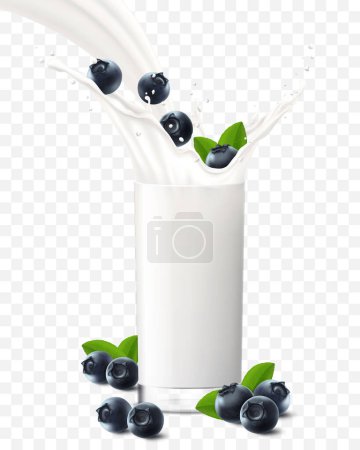 Téléchargez les illustrations : Bleuets tombant dans un verre de lait ou de yaourt. Bannière publicitaire pour milkshake aux fruits, jet de yaourt, gouttes volantes, boisson blanche dans une tasse en verre, illustration vectorielle 3D réaliste, isolée sur fond transparent. - en licence libre de droit