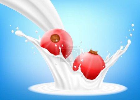 Illustration for Red currant in a splash of milk or yogurt. Fresh berry falls into the milk. 3d realistic vector illustration, isolated on blue background. Sweet food. Organic fruit. - Royalty Free Image