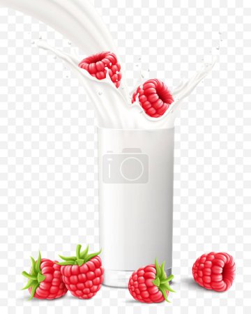 Ilustración de Raspberry falling in a glass of milk or yogurt. Sweet milk splashes. Fruit milkshake advertising banner, yogurt jet, flying drops, white drink in glass cup, Realistic 3d vector illustration, isolated - Imagen libre de derechos