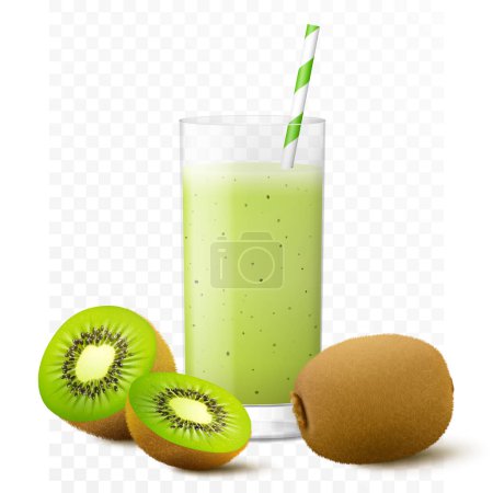 Téléchargez les illustrations : Kiwi juice or smoothie in glass with straw. Whole, half and piece of kiwi, isolated on transparent background. Realistic 3d vector illustration - en licence libre de droit