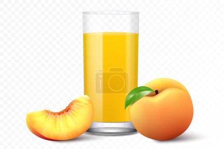 Ilustración de Glass of peach juice with fresh peach or nectarine. Juicy whole and slices fruits, 3d realistic vector illustration, isolated on white background - Imagen libre de derechos