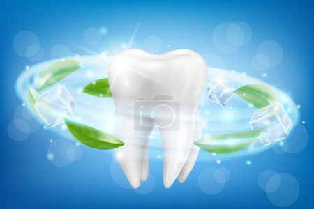 Ilustración de Giant tooth model and dynamic whitening effect. Dental care product package design for toothpaste poster or advertising. Realistic 3d Vector illustration. - Imagen libre de derechos