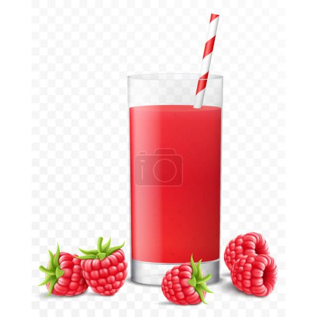 Illustration for Glass of fresh raspberry juice with berries and striped straw for cocktails, isolated on transparent background. Smoothies of raspberry. Realistic 3d vector illustration for advertising your products drinks in restaurants and cafes. - Royalty Free Image