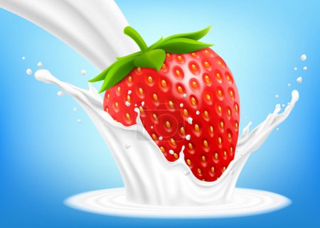 Ilustración de Red fresh strawberry in a splash of milk or yogurt. Fresh berry falls into the milk. 3d realistic vector illustration, isolated on blue background. Sweet food. Organic fruit. - Imagen libre de derechos