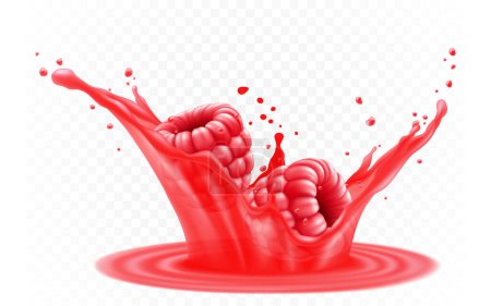 Téléchargez les illustrations : Red fresh raspberries in a splash of juice or yogurt. Fresh berry falls into the juice. 3d realistic vector illustration, isolated on white background. Sweet food. Organic fruit. - en licence libre de droit